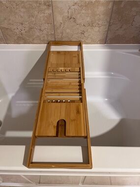 Expandable Natural Bamboo Bathtub Caddy Tray with Book & Glass Holder